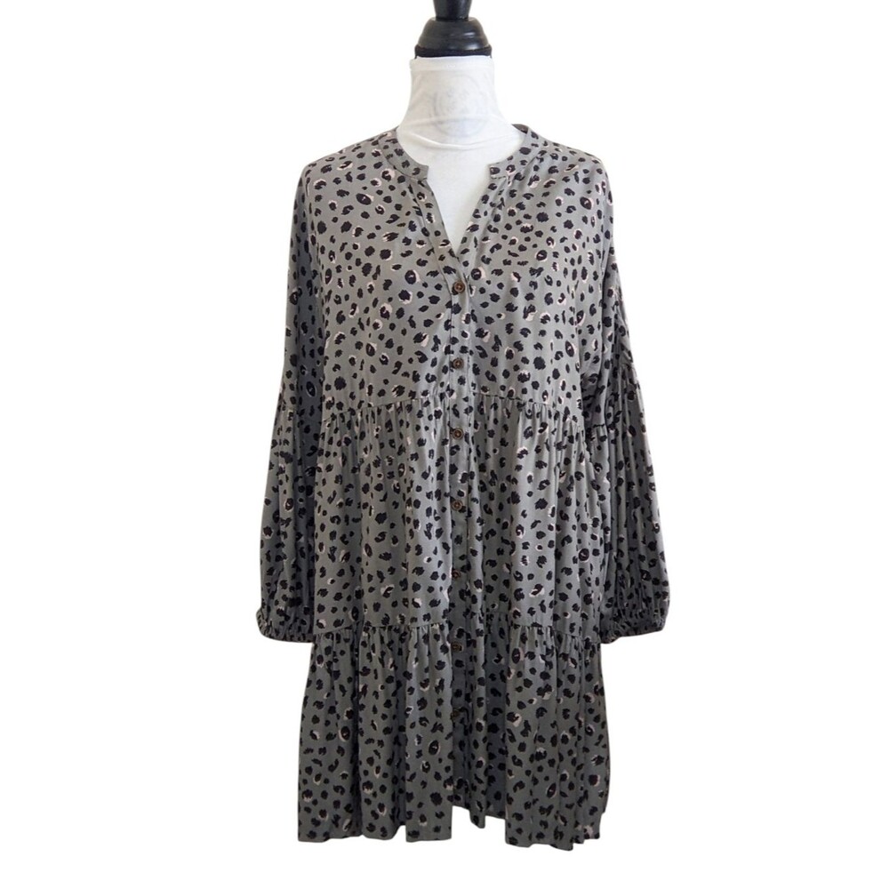 MUDPIE Babydoll Mini Dress Tunic Top Tiered Flowy Green Button Up Small